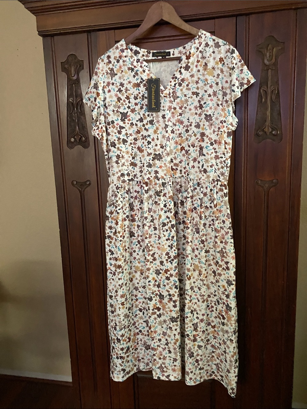 Floral Midi Dress - White with Brown & Blue Accents